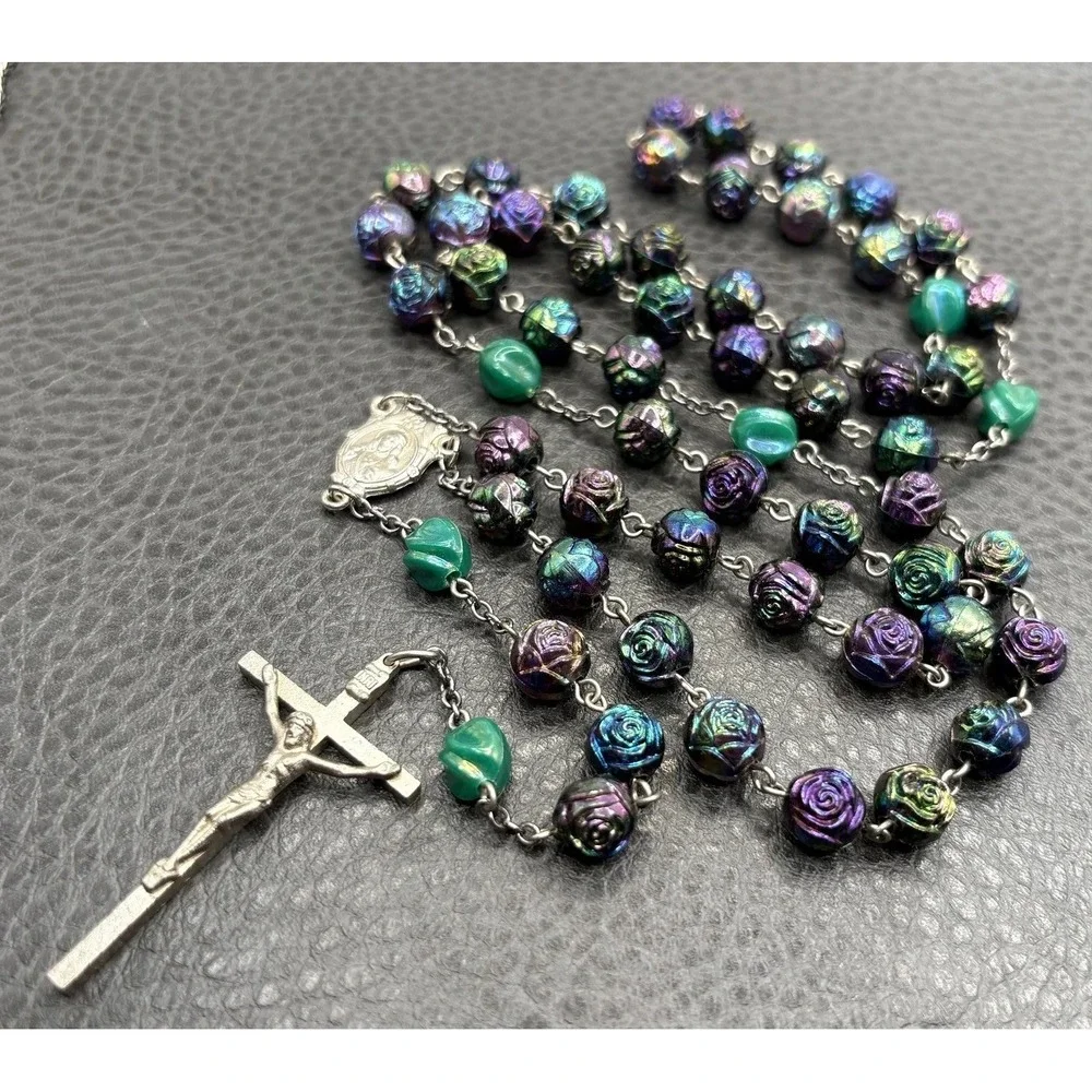 VTG Rosary Necklace Oil Slick Iridescent Rose Floral Beads Crucifix Silver Tone